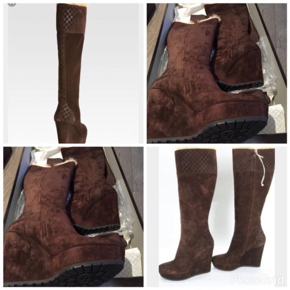 “Brand New” Gucci Courtney Suede Cocoa Brown w/ Shearling Fur Wedge Zip Up Boots